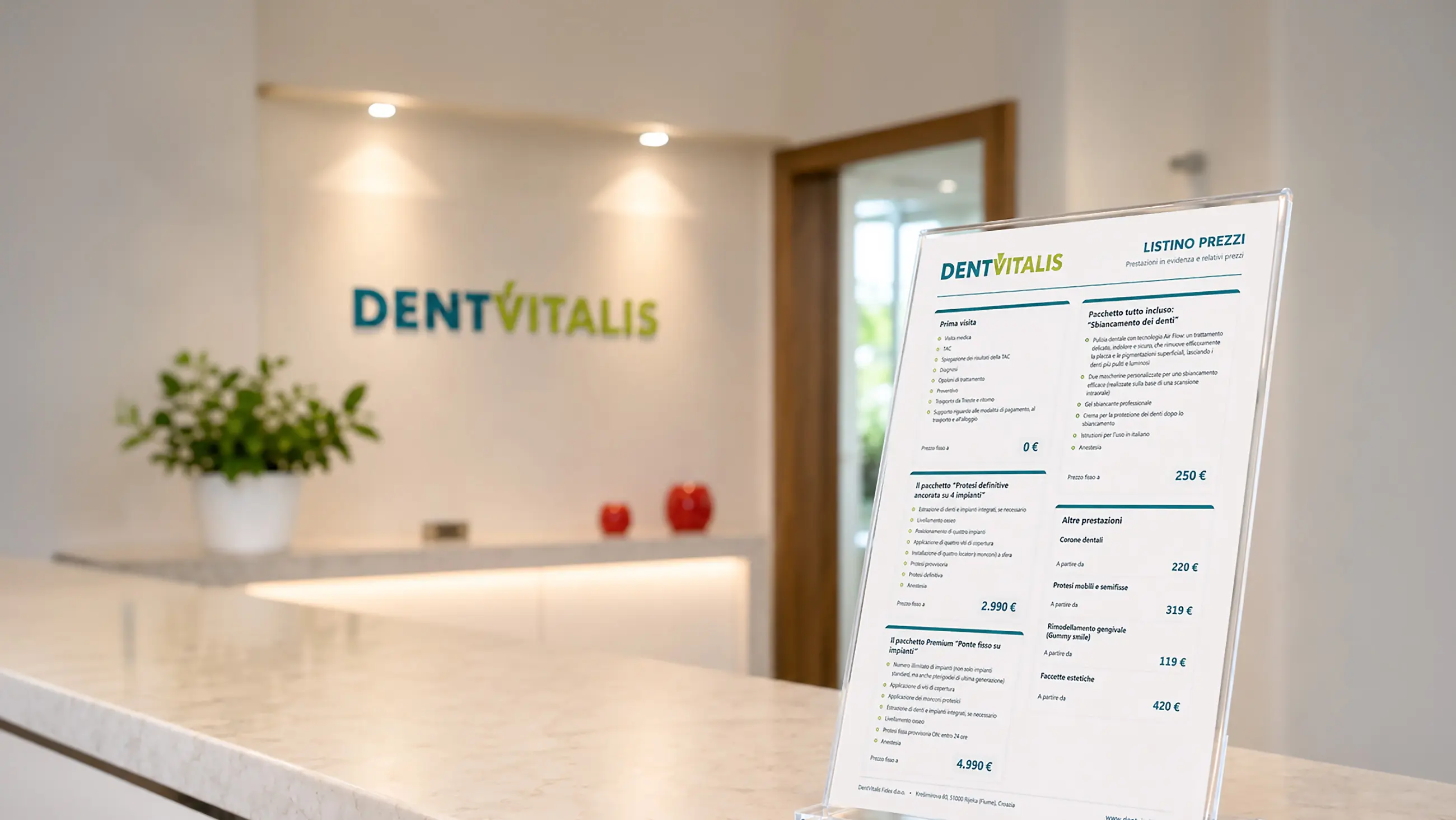 Listino prezzi DentVitalis esposto alla reception della clinica di Rijeka